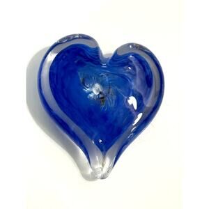 Vintage Hand Blown Art Glass Clear Blue Heart Paperweight Murano style